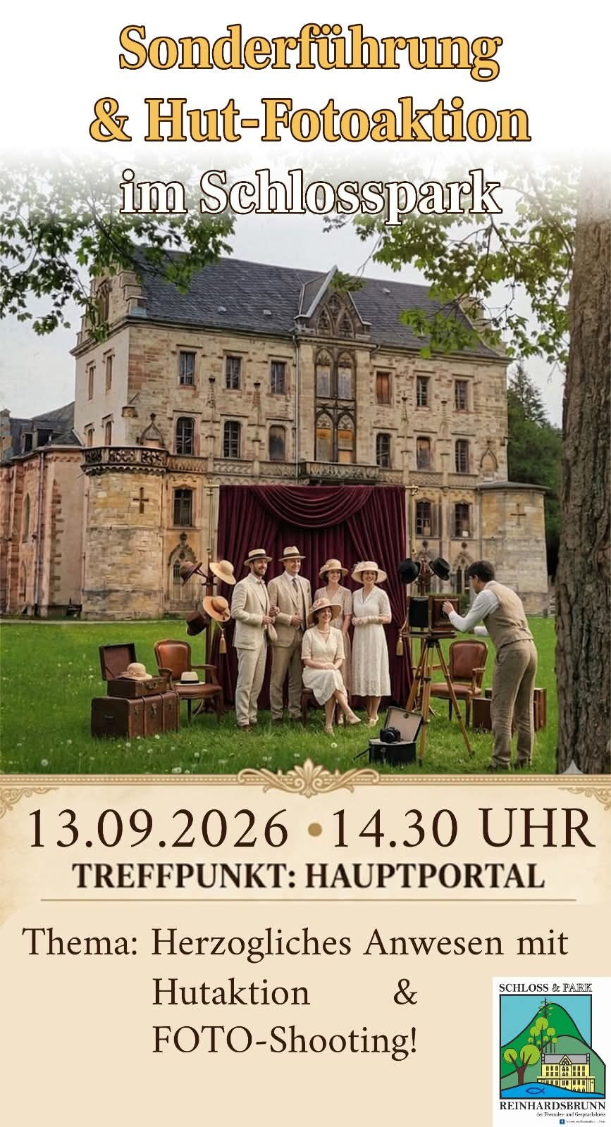 Plakat Sonderführung und Hut-Fotoaktion im Schlosspark