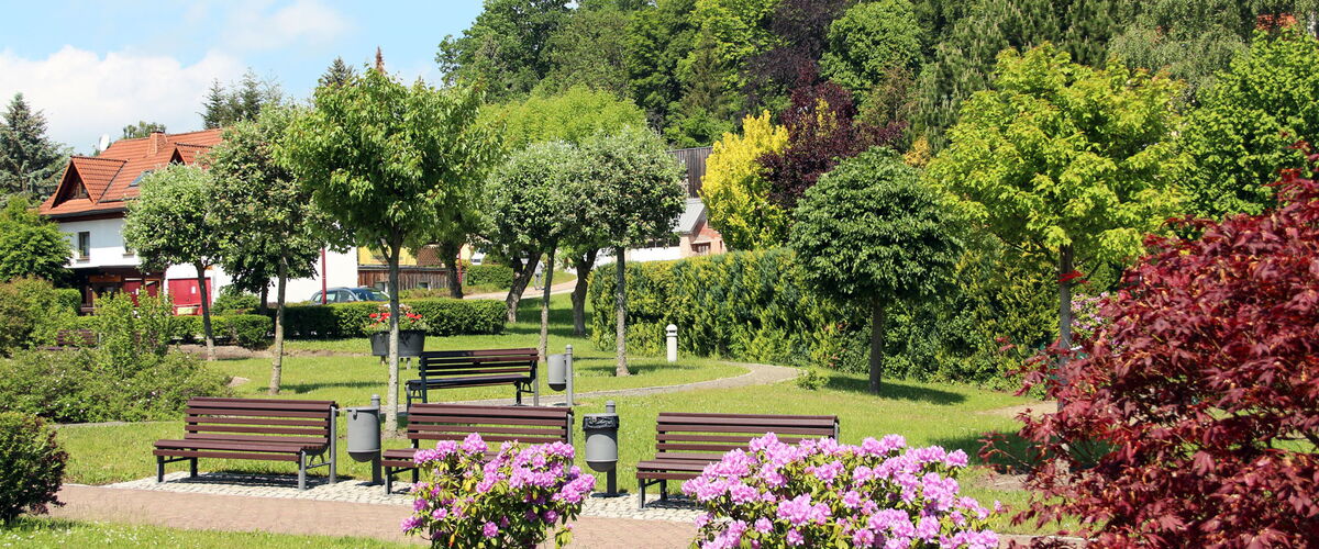 Kurzone mit Bänken und blühenden Sträuchern in Finsterbergen