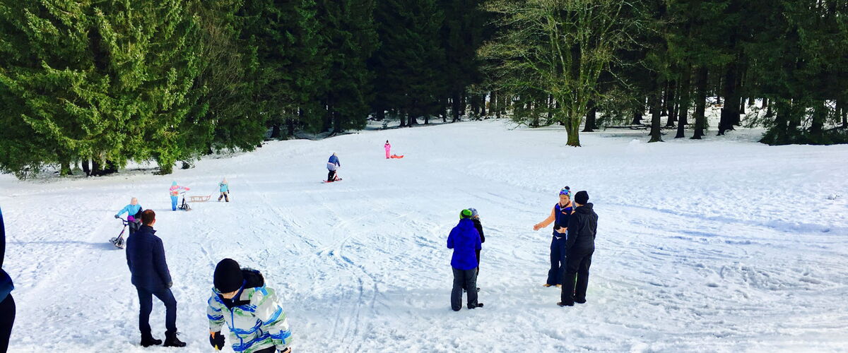 Kinder mit ihren Schlitten auf dem  Rodelhang am Spießberg