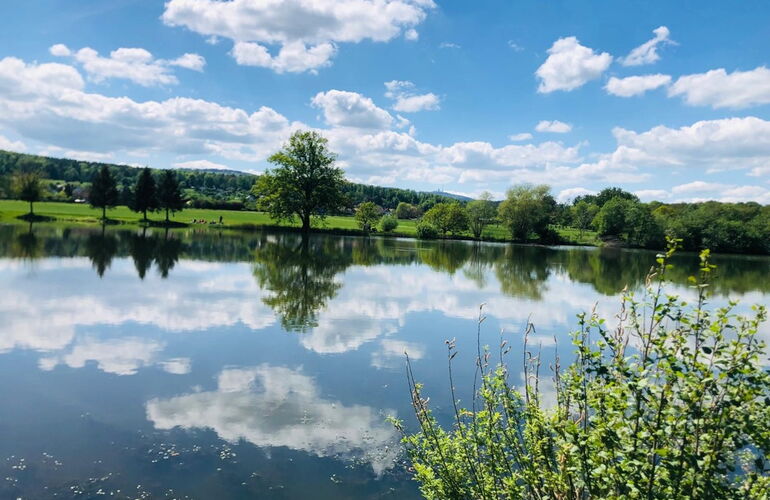 Wolken spiegeln sich im Wasser des Cumbacher Teichs
