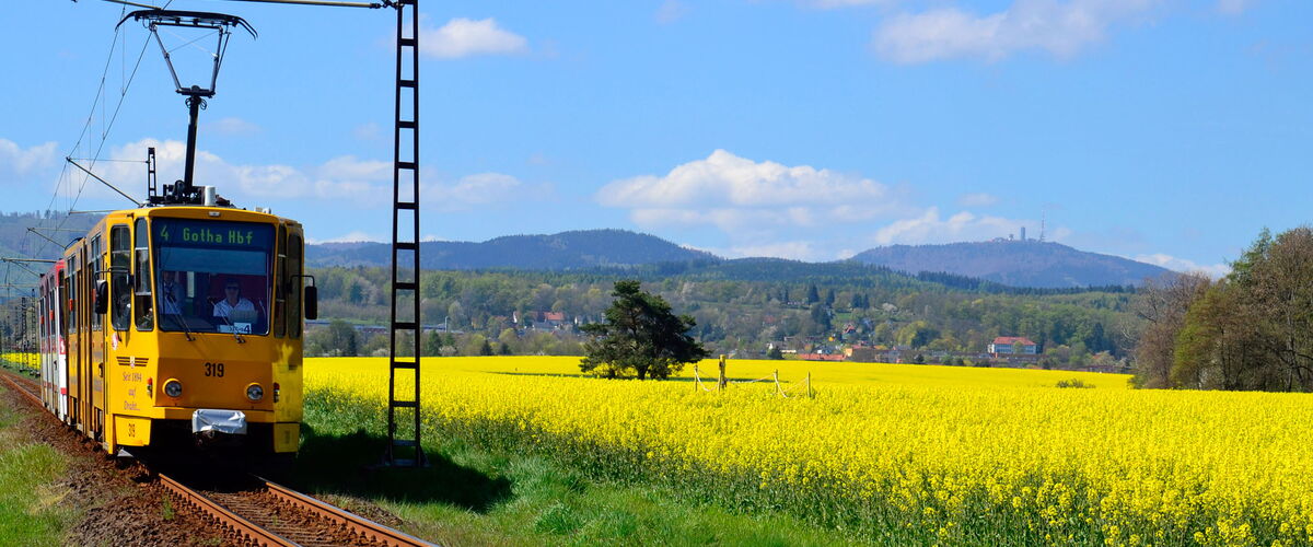 Thüringer Waldbahn mit Großem Inselsberg im Hintergrund